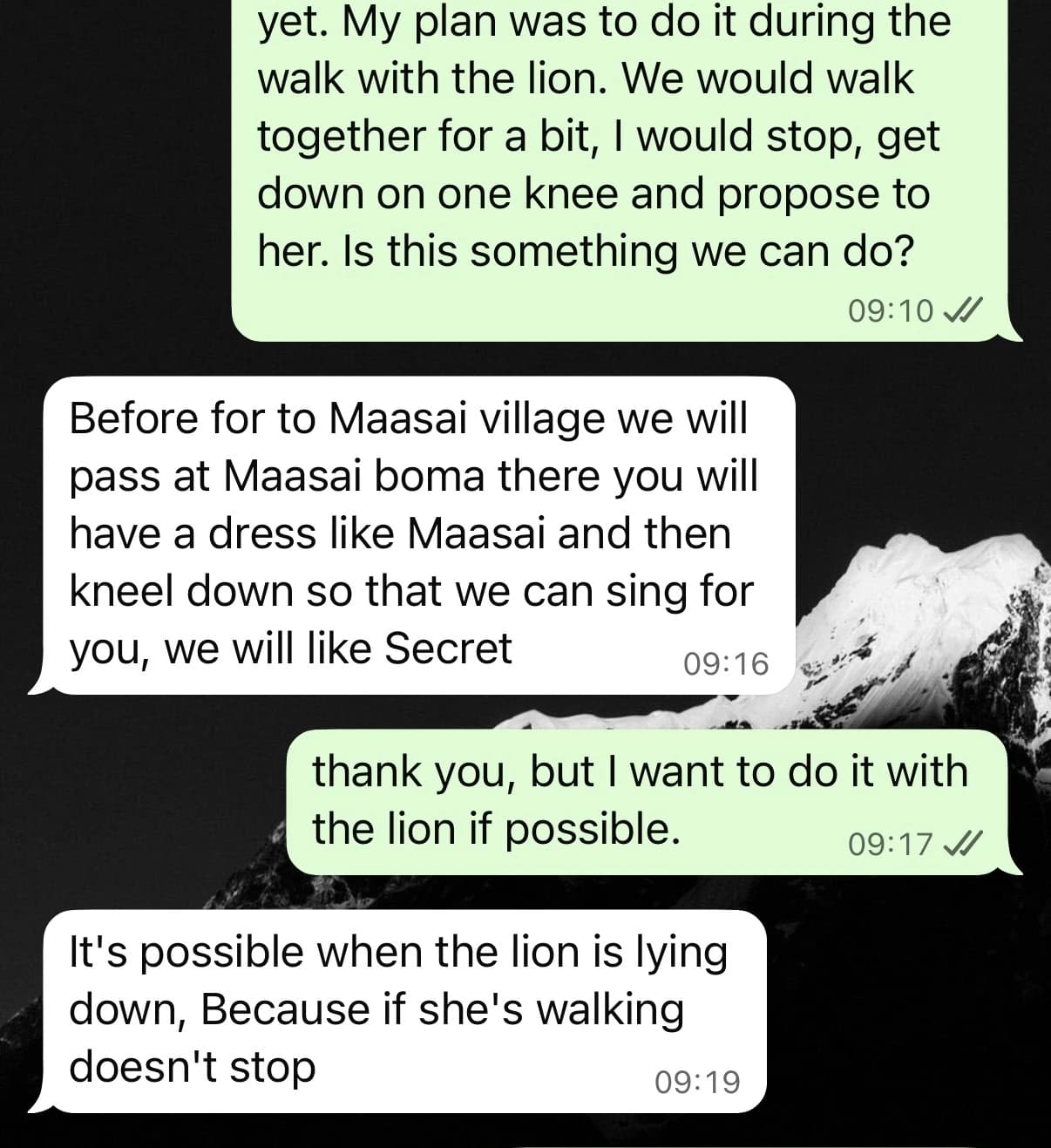 WhatsApp message to the host at Serval Wildlife confirming the last-minute change to the proposal plan.