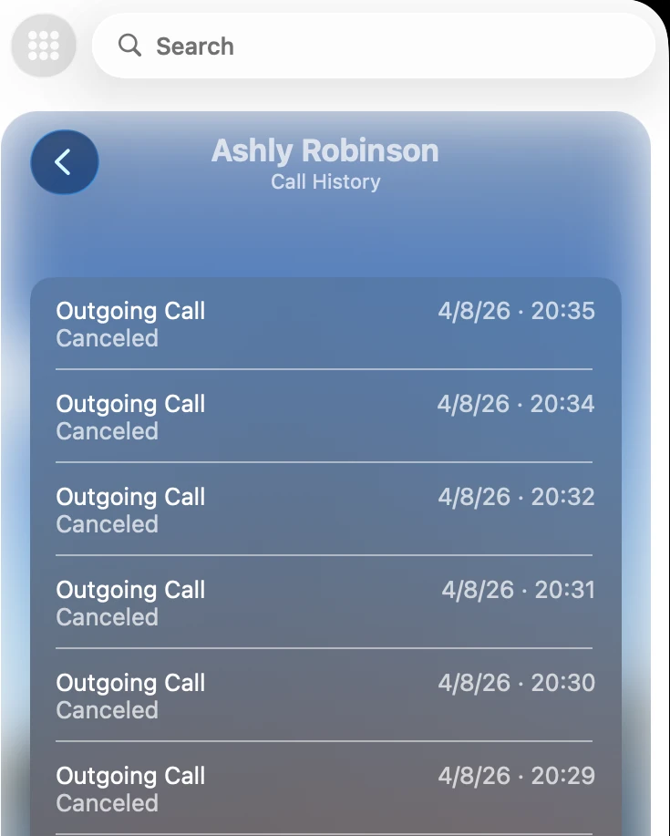 Call log showing repeated attempts to reach Ashly.