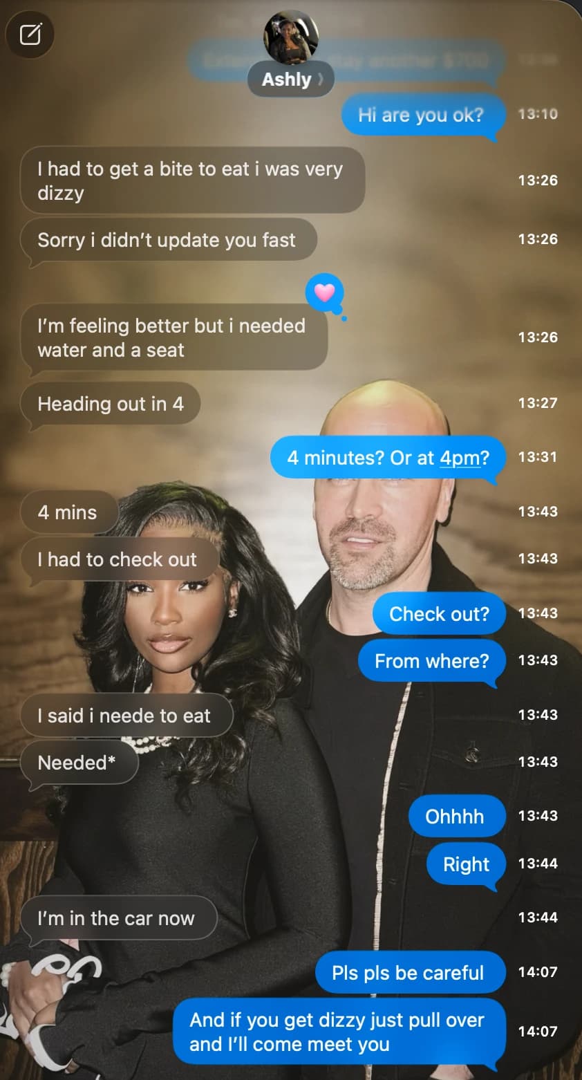 Text messages in which Ashly says she was very dizzy after the concussion, with Joe asking her to be careful.