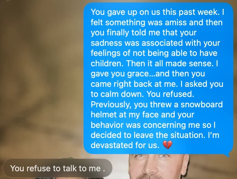 Text messages exchanged after the events in Bend, Oregon, including “You refuse to talk to me.”