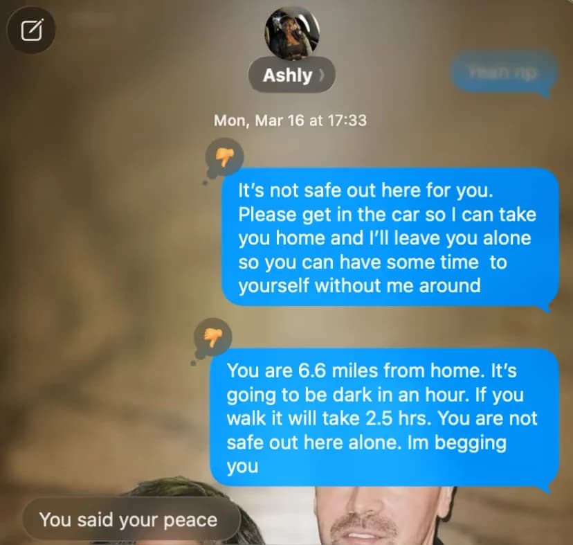 Text conversation following the panic attack on the highway outside Bend, Oregon.
