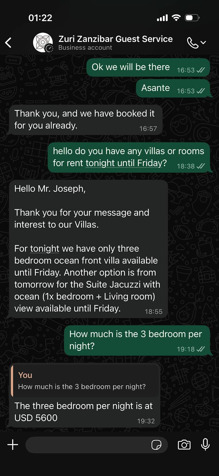 WhatsApp messages to Zuri Zanzibar guest services inquiring about a separate villa.