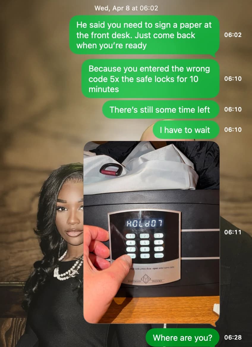 The photo Joe sent Ashly of the villa safe showing the time-delay countdown remaining.