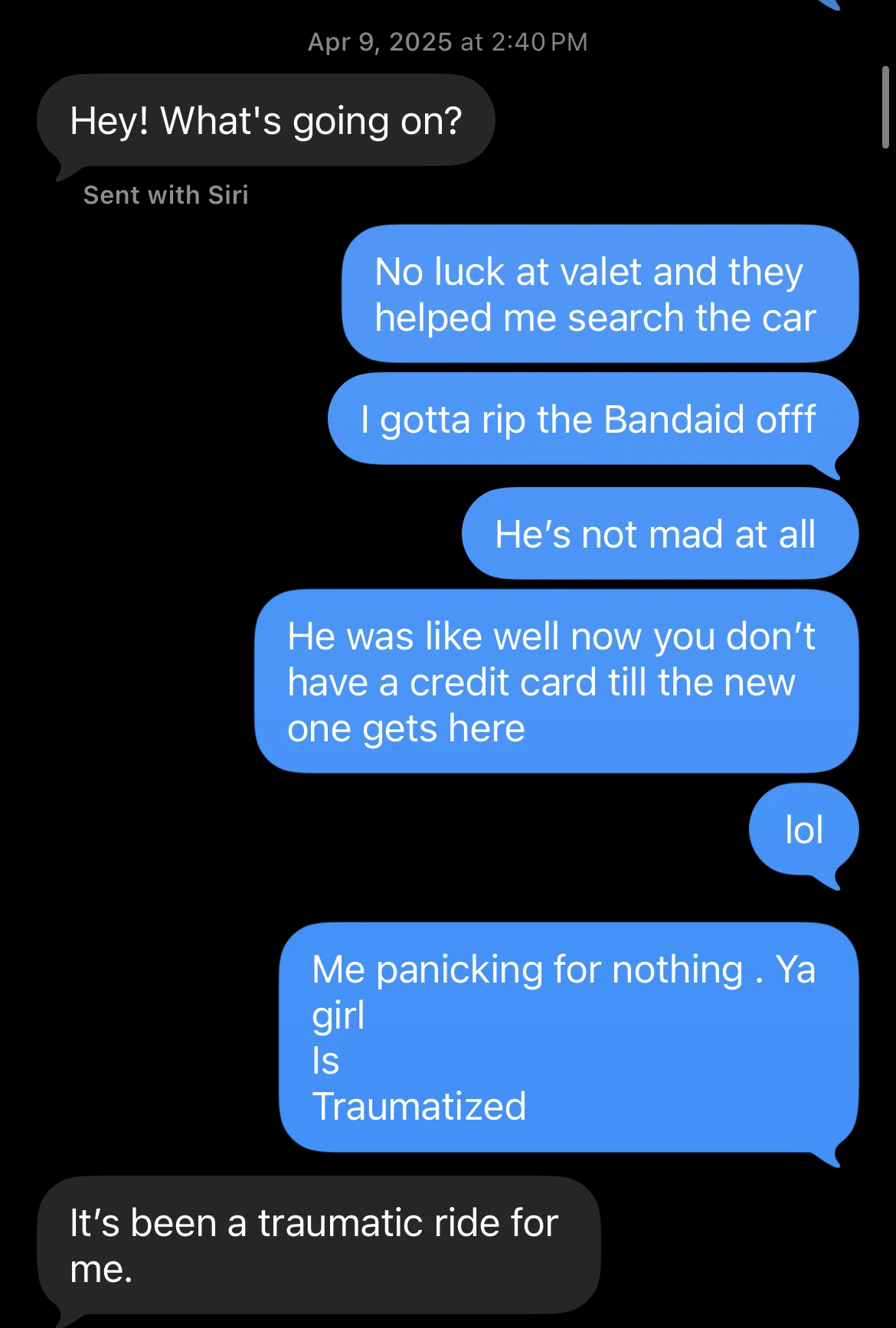Text conversation between Ashly and her mother in 2025, after Ashly accidentally lost Joe’s credit card.