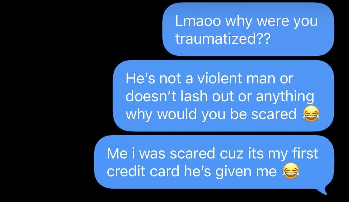 Detail of the 2025 text from Ashly’s mother: “He’s not a violent man or doesn’t lash out at anything why would you be scared lol”.