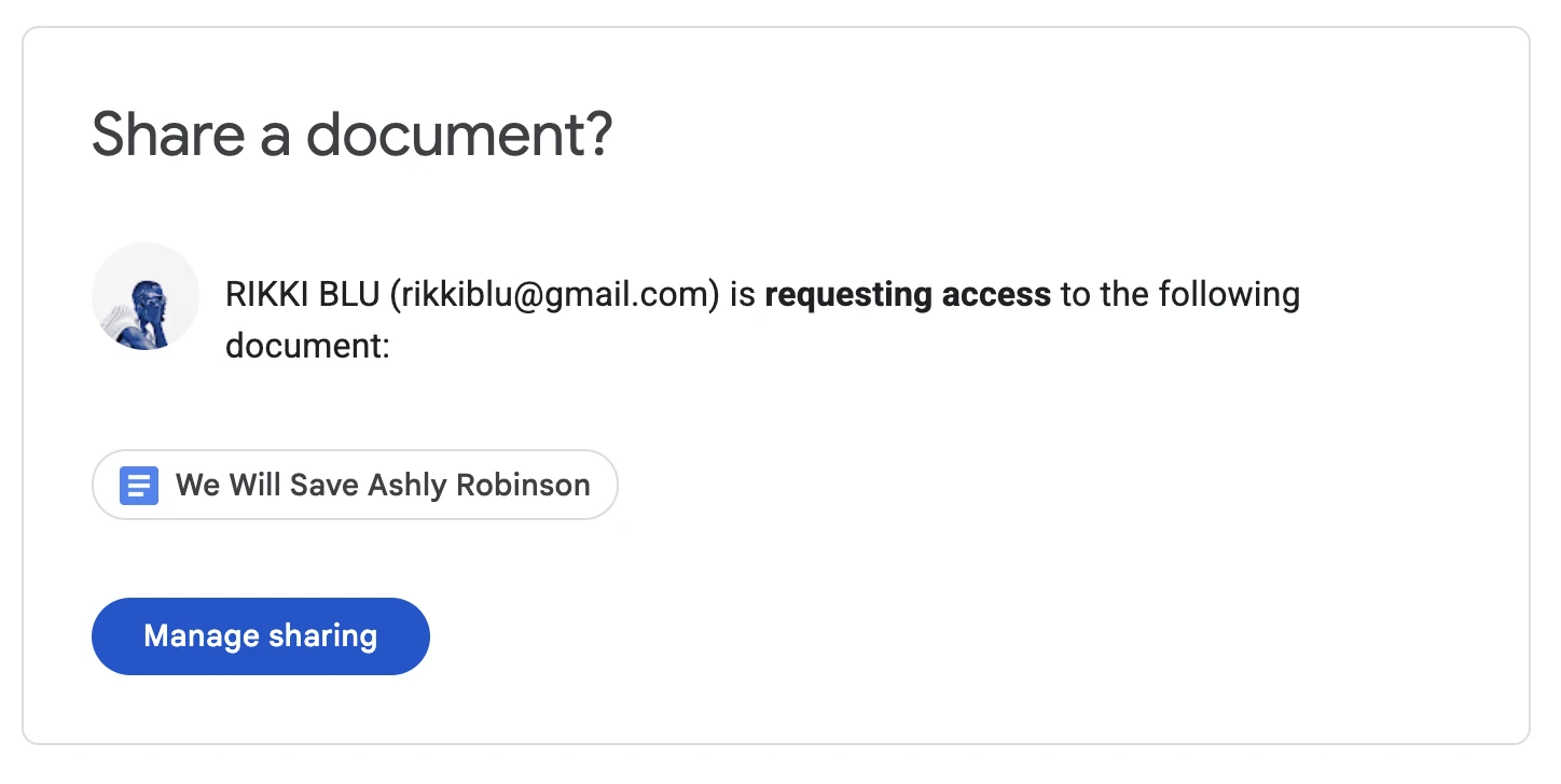 Share notification for the Google Doc sent to Ashly’s family.