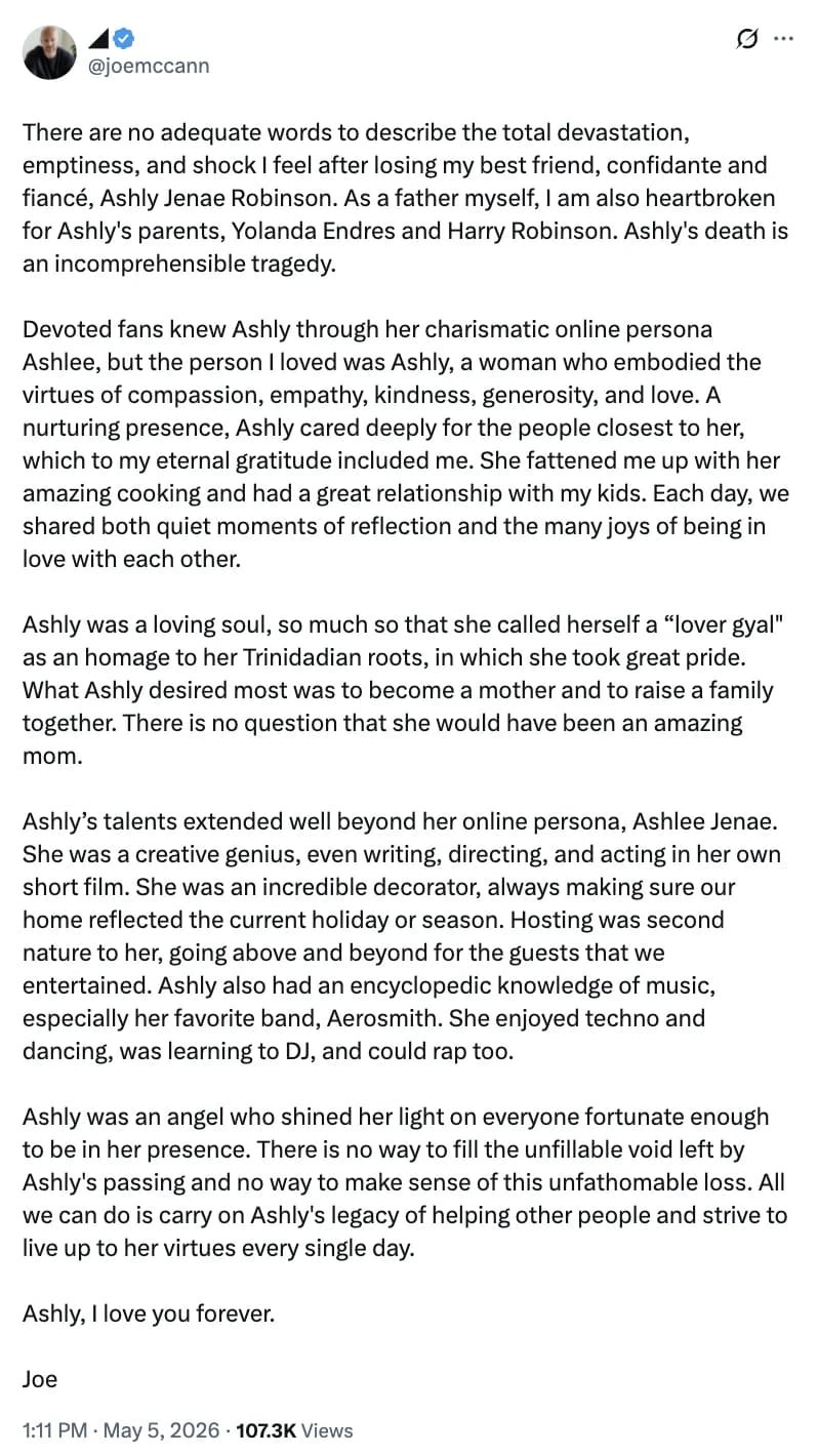 The eulogy Joe wrote for Ashly, posted at 11:11 PM East Africa Time on the day of her funeral.