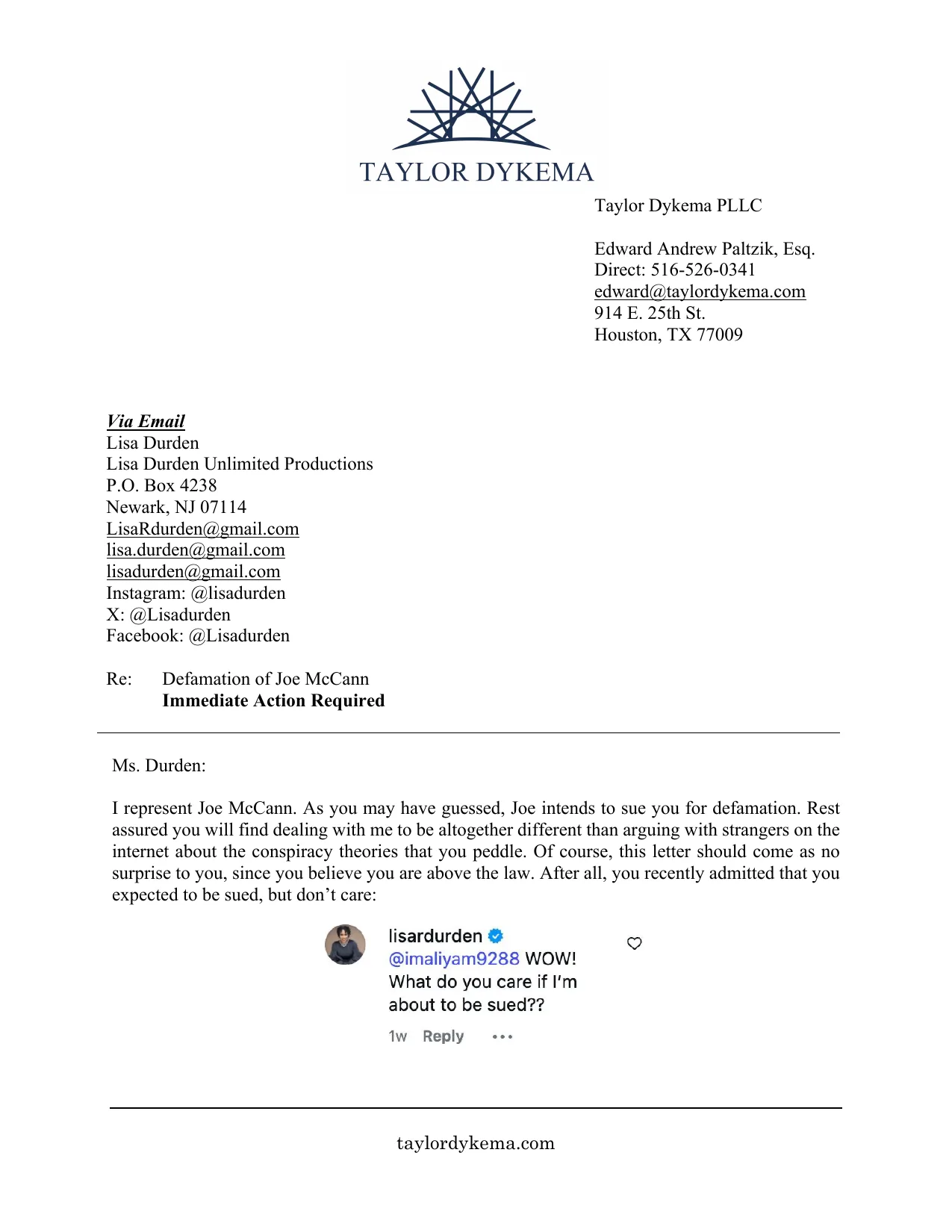 Page 1 of the July 1, 2026 cease and desist letter to Lisa Durden