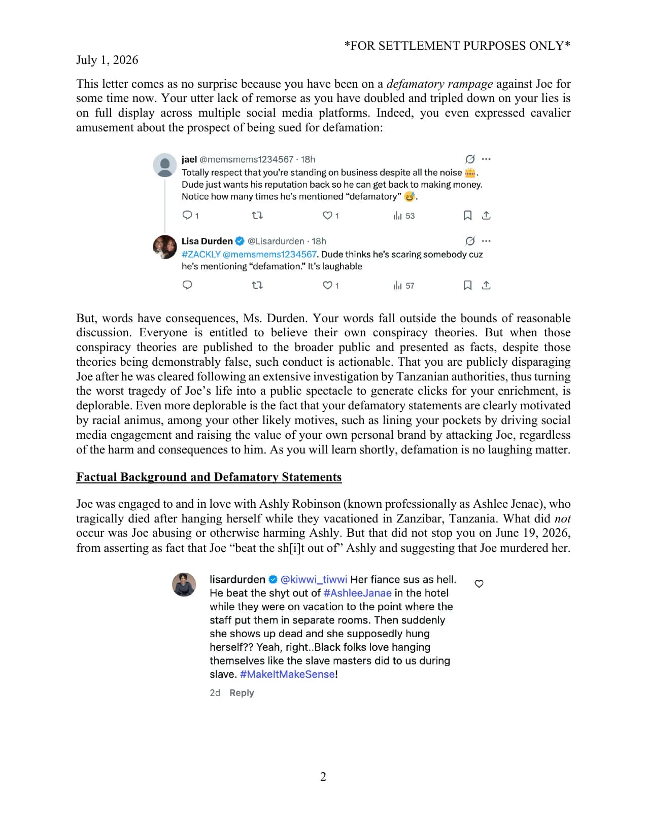 Page 2 of the July 1, 2026 cease and desist letter to Lisa Durden