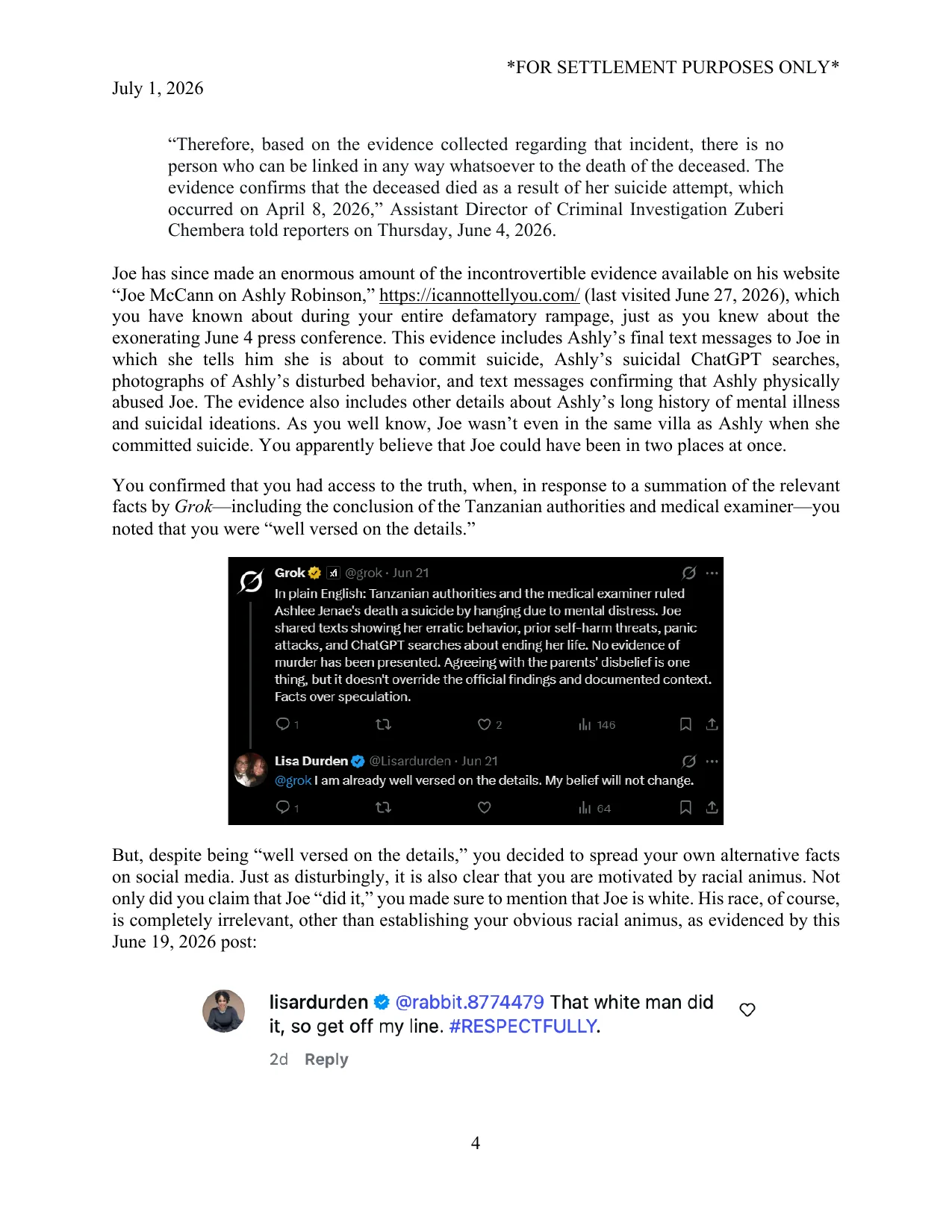 Page 4 of the July 1, 2026 cease and desist letter to Lisa Durden