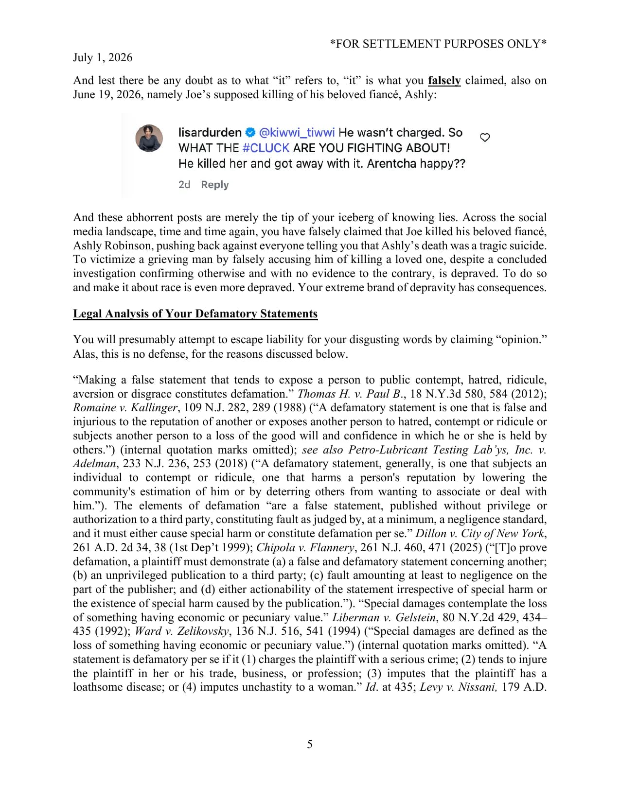 Page 5 of the July 1, 2026 cease and desist letter to Lisa Durden