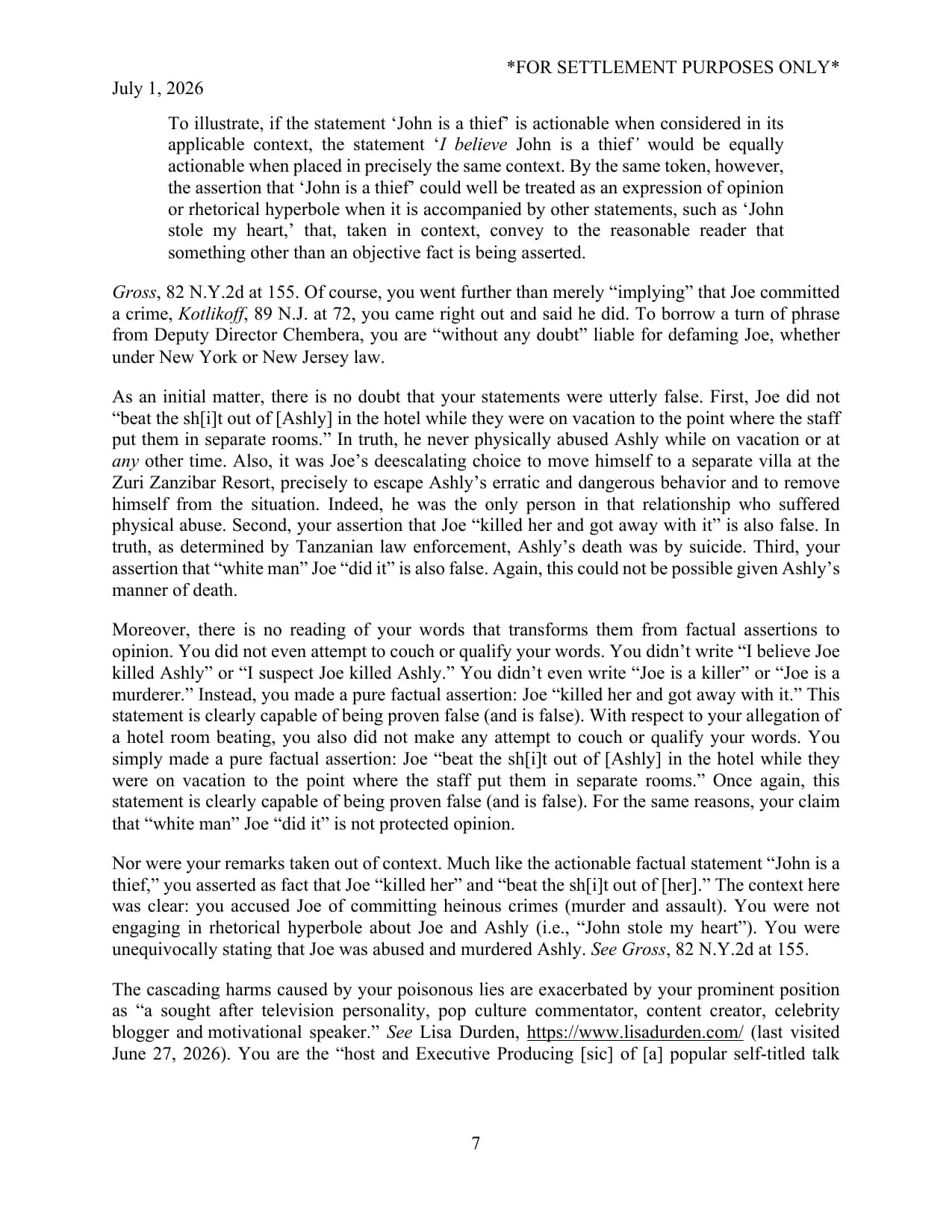 Page 7 of the July 1, 2026 cease and desist letter to Lisa Durden