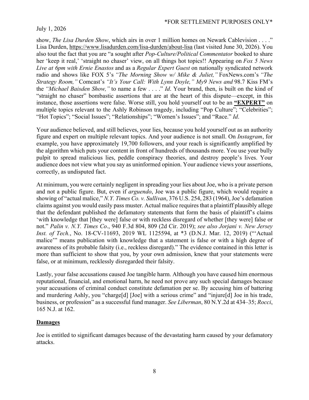 Page 8 of the July 1, 2026 cease and desist letter to Lisa Durden
