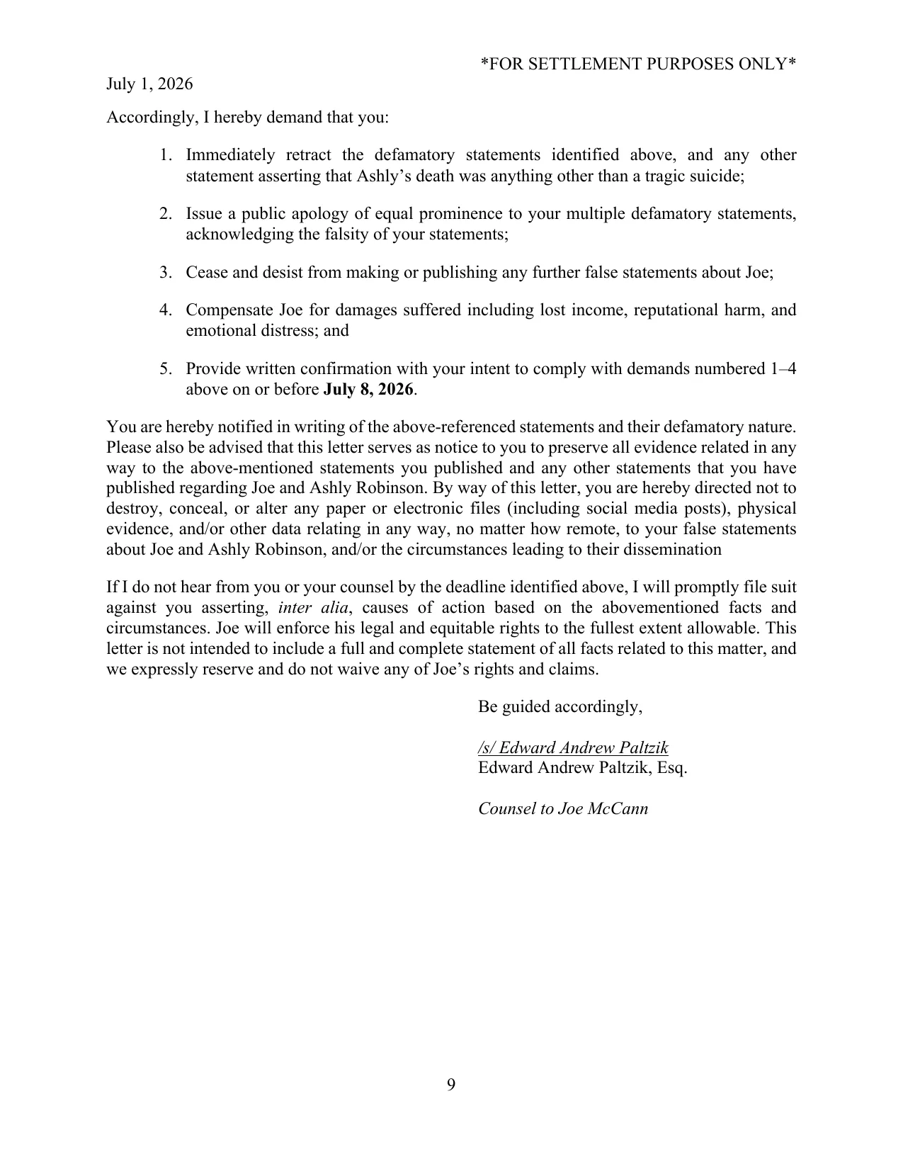 Page 9 of the July 1, 2026 cease and desist letter to Lisa Durden